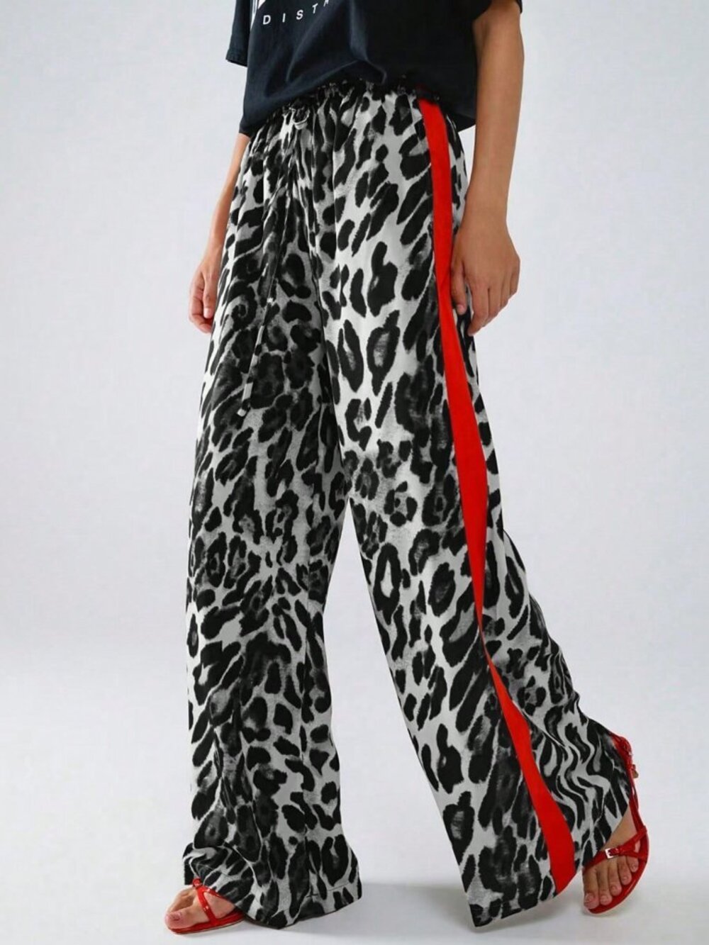 Grey Casual Women's Leopard Print Color Block Patchwork Loose Pants